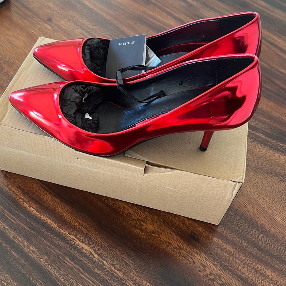 ZARA RED METALLIC COURT MID HEELS SHOES BRAND NEW WITH TAGS AND BOX US 6.5 EUR37 - Picture 7 of 7